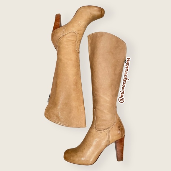$399 Frye Miranda Back Zip Tan Distressed Heeled Fold Over Knee High Tall Boot - Picture 3 of 12